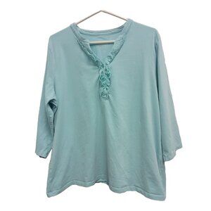 Denim & Co Womens Top Size XL Aqua Half Button Ruffle Neck 3/4 Sleeve Casual